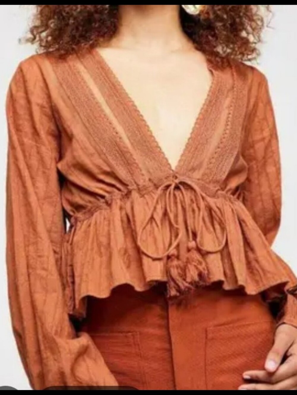 Free People Rust Lace Tie-Front Peplum Blouse X Small